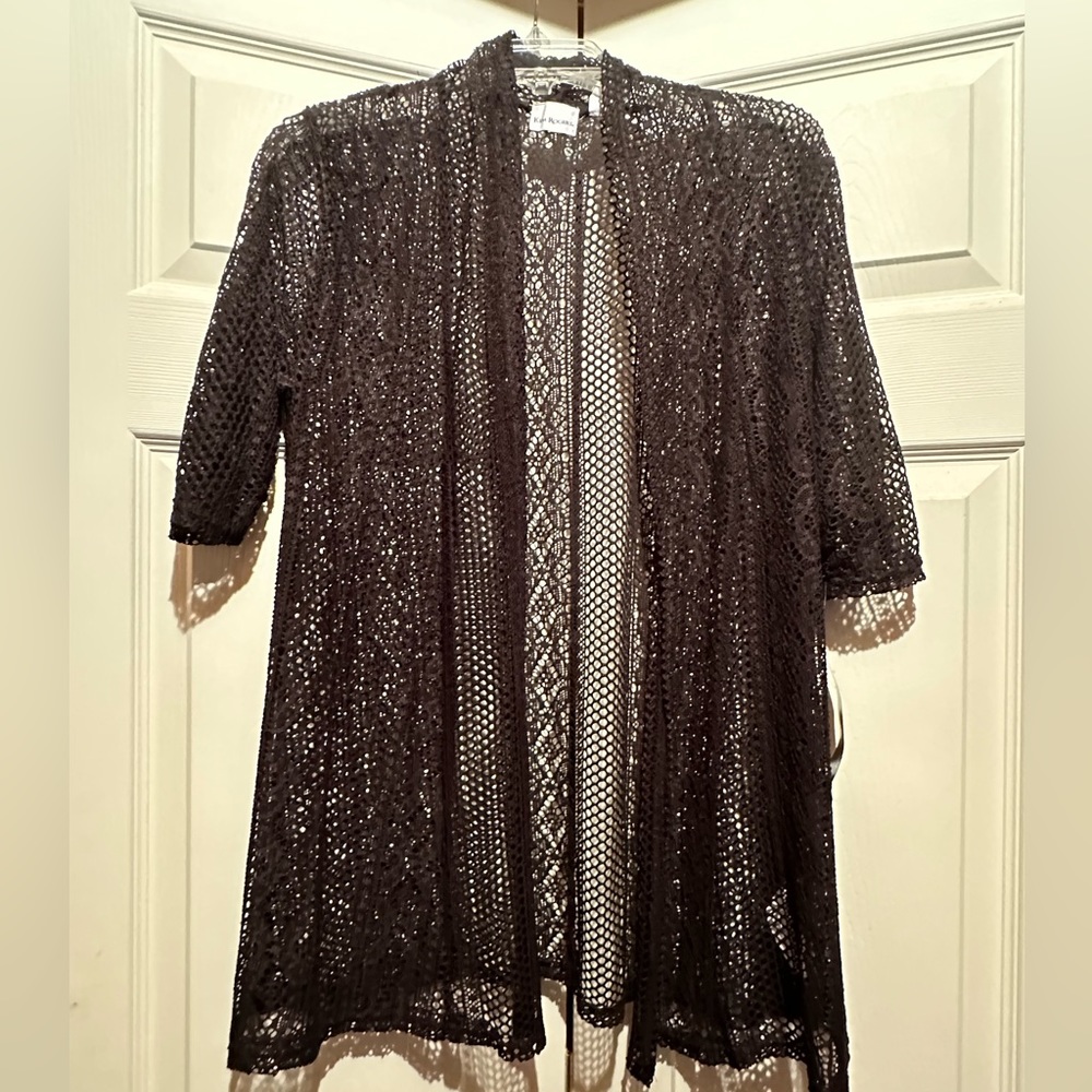 Sheer crochet type material cardigan. Kim Rogers. Size M.